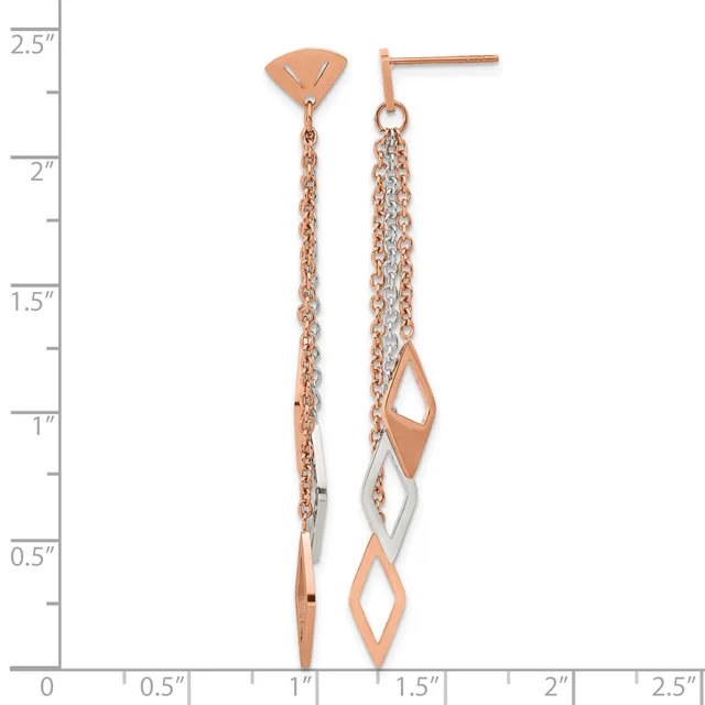 Two rose gold drop earrings with diamond-shaped cutouts and chain details, displayed against a measurement scale showing approximately two inches in length.