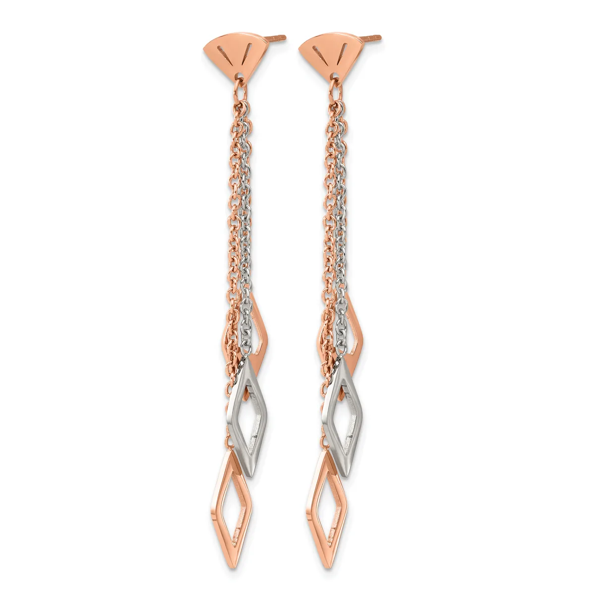 Pair of long dangling earrings with rose gold and silver tone chain links and diamond-shaped pendant drops, shown against a white background.