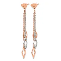 Pair of long dangling earrings with rose gold and silver tone chain links and diamond-shaped pendant drops, shown against a white background.