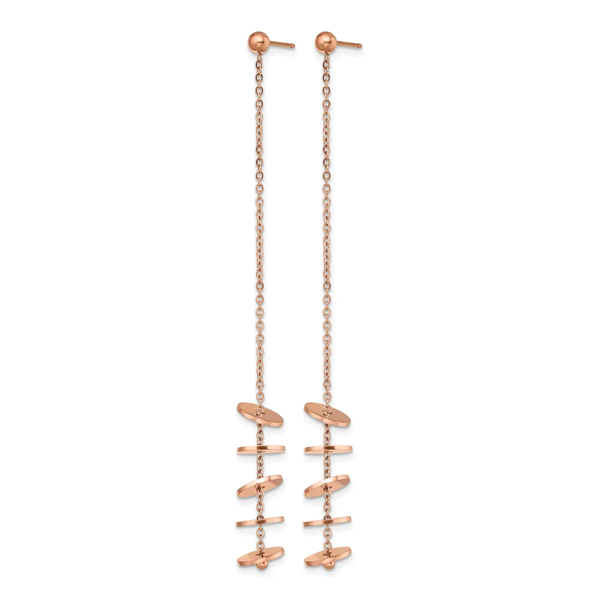 Pair of rose gold drop earrings with ball studs connected to long chains featuring small geometric disc and bar elements.