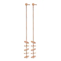 Pair of rose gold drop earrings with ball studs connected to long chains featuring small geometric disc and bar elements.