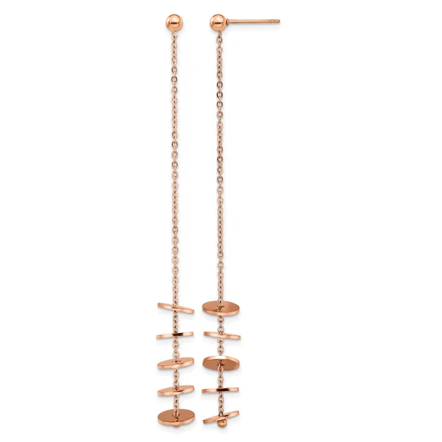 Pair of rose gold drop earrings with ball studs at top and multiple small disc-shaped stations connected by delicate chains.