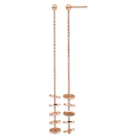 Pair of rose gold drop earrings with ball studs at top and multiple small disc-shaped stations connected by delicate chains.