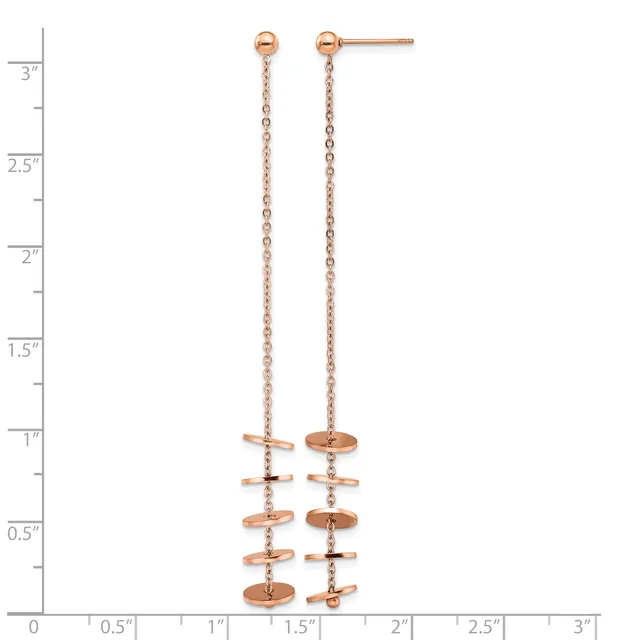 A pair of rose gold drop earrings with chain links and small bar-shaped connectors, displayed against a measurement ruler showing they are approximately three inches long.