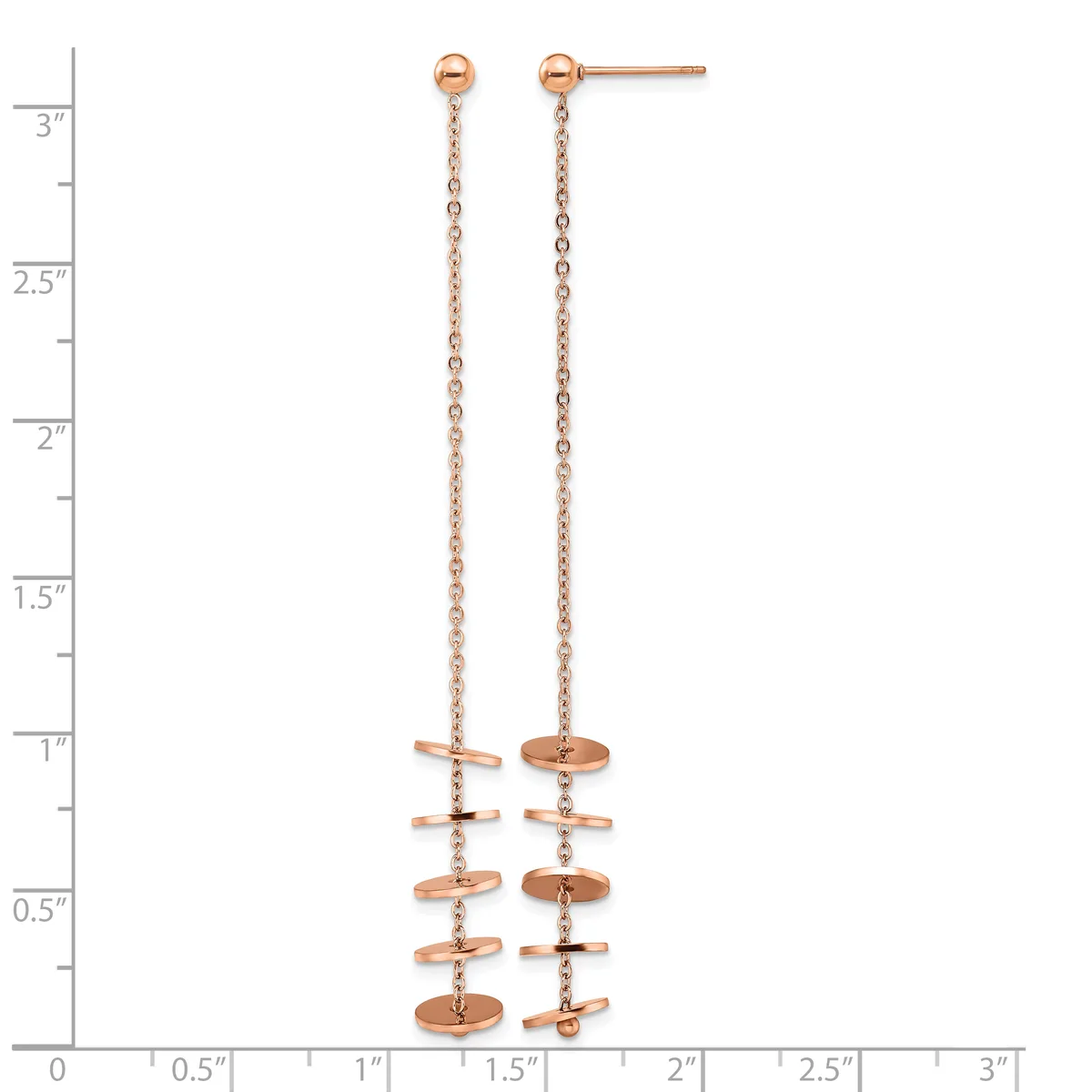 A pair of rose gold drop earrings with chain links and small bar-shaped connectors, displayed against a measurement ruler showing they are approximately three inches long.