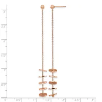 A pair of rose gold drop earrings with chain links and small bar-shaped connectors, displayed against a measurement ruler showing they are approximately three inches long.