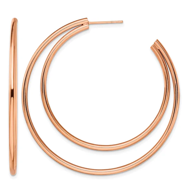 Pair of polished rose gold hoop earrings with a double-layered curved design, shown from the front and side view.
