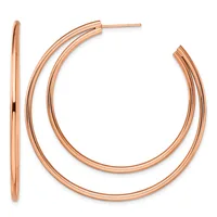 Pair of polished rose gold hoop earrings with a double-layered curved design, shown from the front and side view.