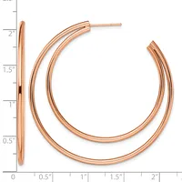 Rose gold-toned hoop earrings shown front and side view with measurement scale indicating approximately 1.5 inches in diameter.