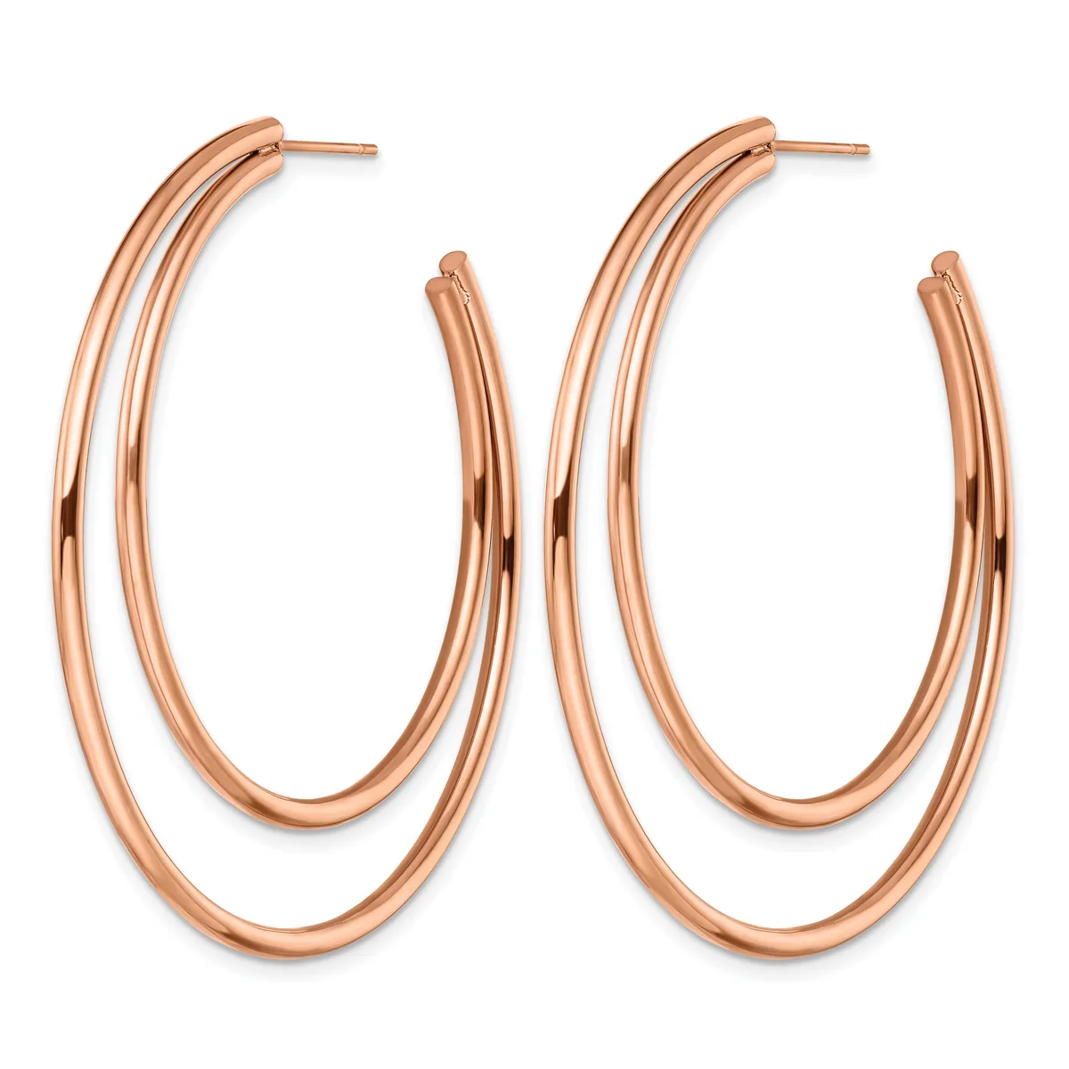 Pair of rose gold-toned double oval hoop earrings with polished finish and post backs, shown from the front.