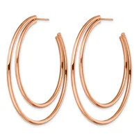 Pair of rose gold-toned double oval hoop earrings with polished finish and post backs, shown from the front.