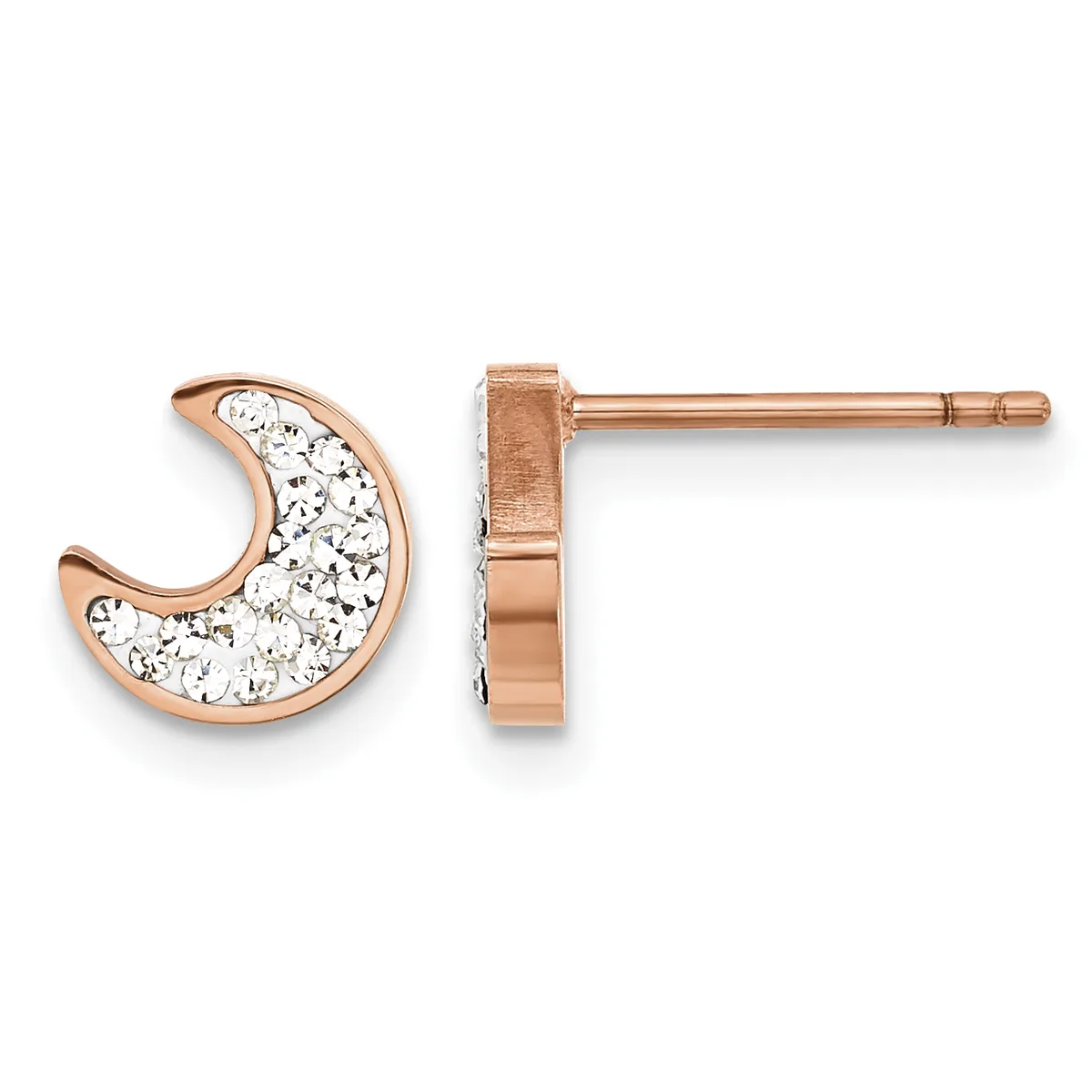 Rose gold crescent moon stud earrings filled with white crystals, shown from front and side views.