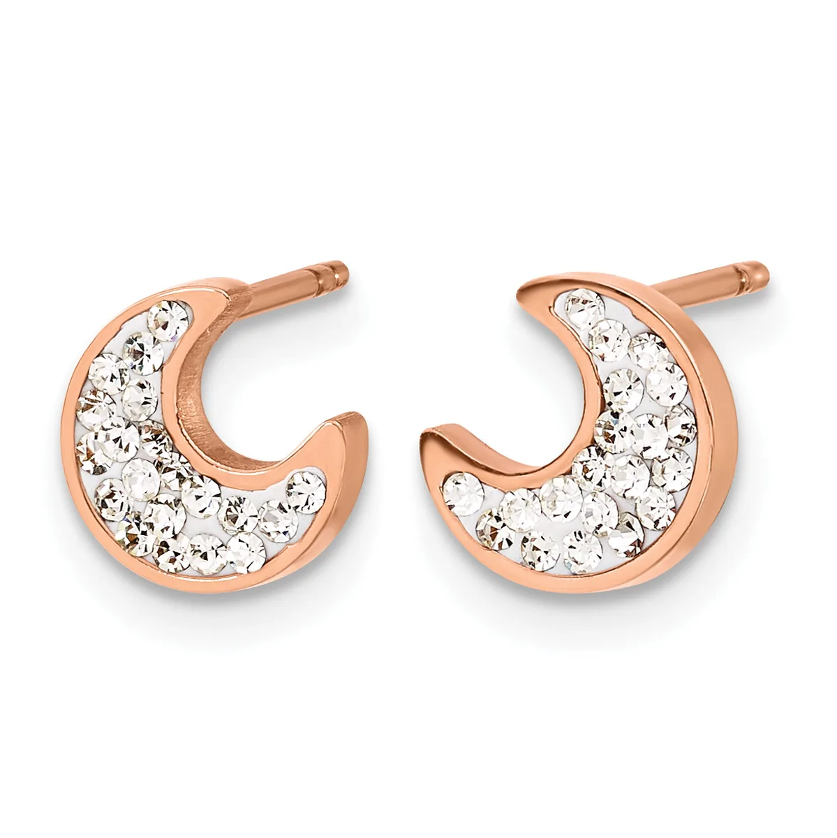 Pair of rose gold hoop earrings with cubic zirconia or crystal stones set throughout the curved surface, shown from the front against a white background.