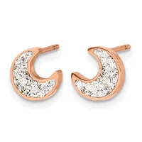 Pair of rose gold hoop earrings with cubic zirconia or crystal stones set throughout the curved surface, shown from the front against a white background.