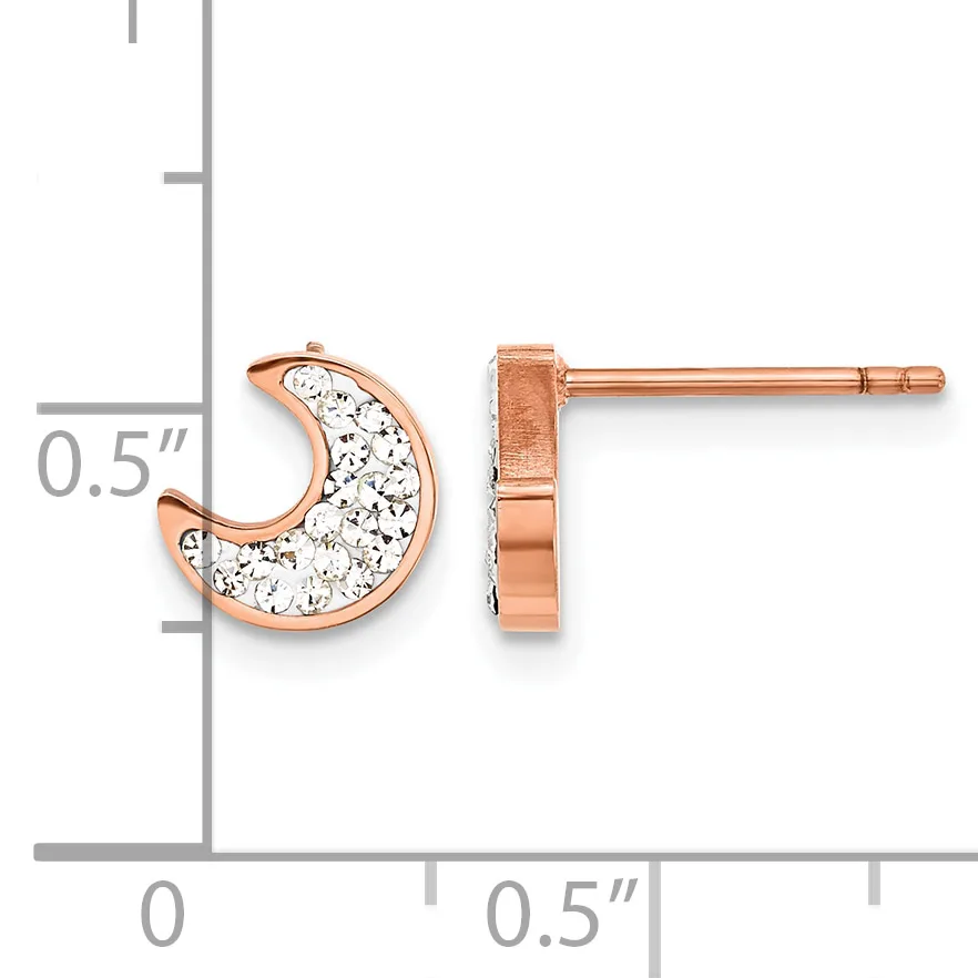 Rose gold crescent-shaped stud earrings filled with white crystals, shown front and side view with a measurement scale indicating approximately 0.5 inches in size.