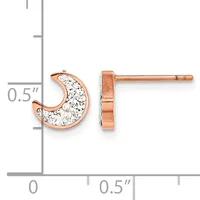 Rose gold crescent-shaped stud earrings filled with white crystals, shown front and side view with a measurement scale indicating approximately 0.5 inches in size.