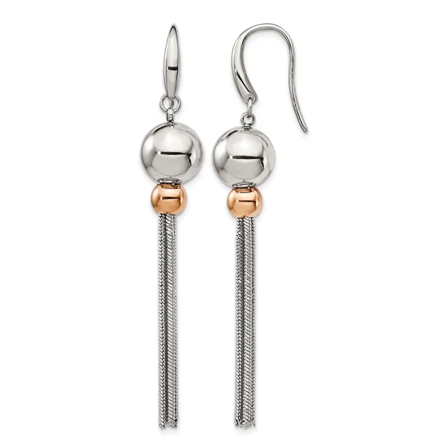 Pair of drop earrings with polished silver-tone spheres, rose gold-tone spacer beads, and tapered silver mesh chains, suspended from silver hook-style ear wires.