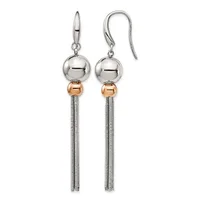 Pair of drop earrings with polished silver-tone spheres, rose gold-tone spacer beads, and tapered silver mesh chains, suspended from silver hook-style ear wires.