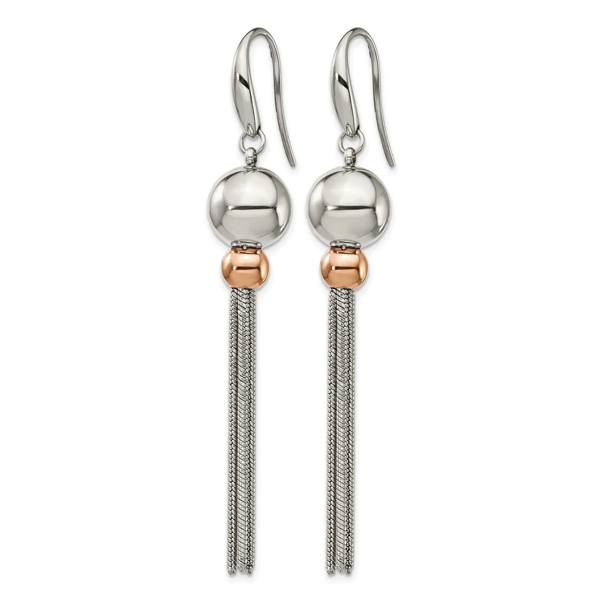 A pair of silver drop earrings with polished spherical tops, rose gold beads, and long tassel chains, shown hanging against a white background.