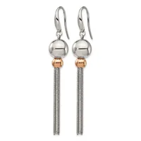 A pair of silver drop earrings with polished spherical tops, rose gold beads, and long tassel chains, shown hanging against a white background.