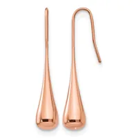 A pair of rose gold teardrop earrings with hook closures, shown from front and side angles.
