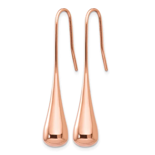 A pair of rose gold teardrop earrings with hook-style ear wires on a white background.
