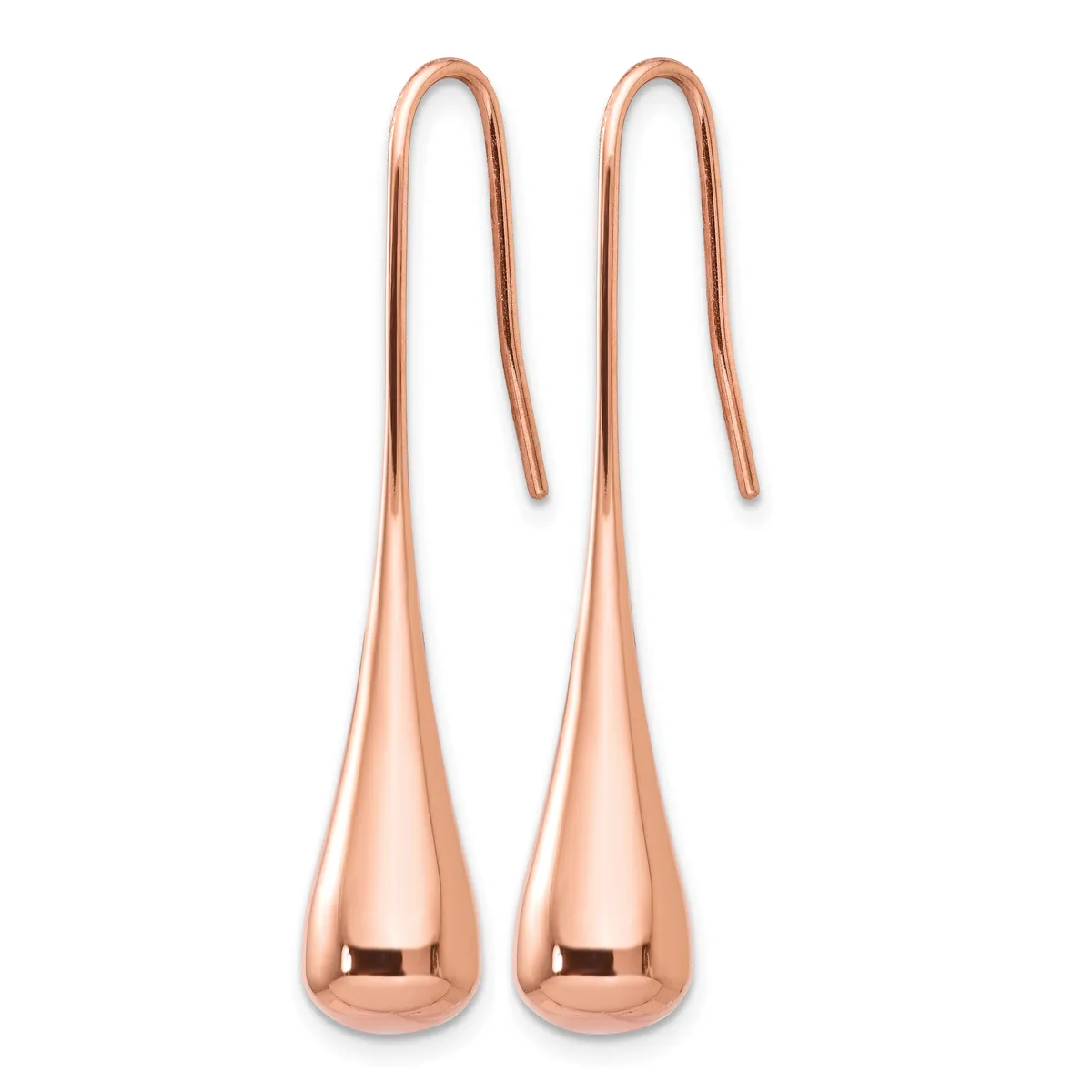 A pair of rose gold teardrop earrings with hook-style ear wires on a white background.