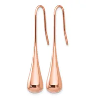 A pair of rose gold teardrop earrings with hook-style ear wires on a white background.