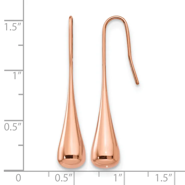 A pair of rose gold teardrop earrings with hook closures, displayed next to a ruler showing they measure approximately 1.5 inches in length.