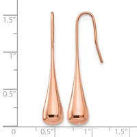 A pair of rose gold teardrop earrings with hook closures, displayed next to a ruler showing they measure approximately 1.5 inches in length.