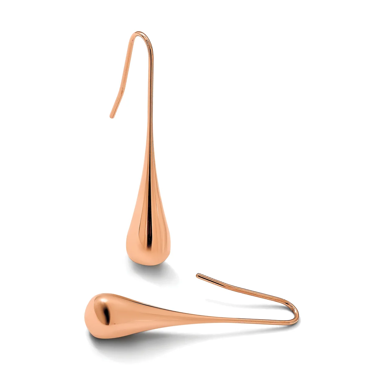 Two copper-colored teardrop-shaped earrings with elongated hooks, displayed against a white background.