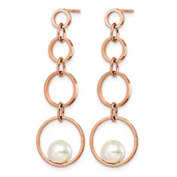 A pair of rose gold dangle earrings with linked circular rings and pearl drops, displayed against a white background.