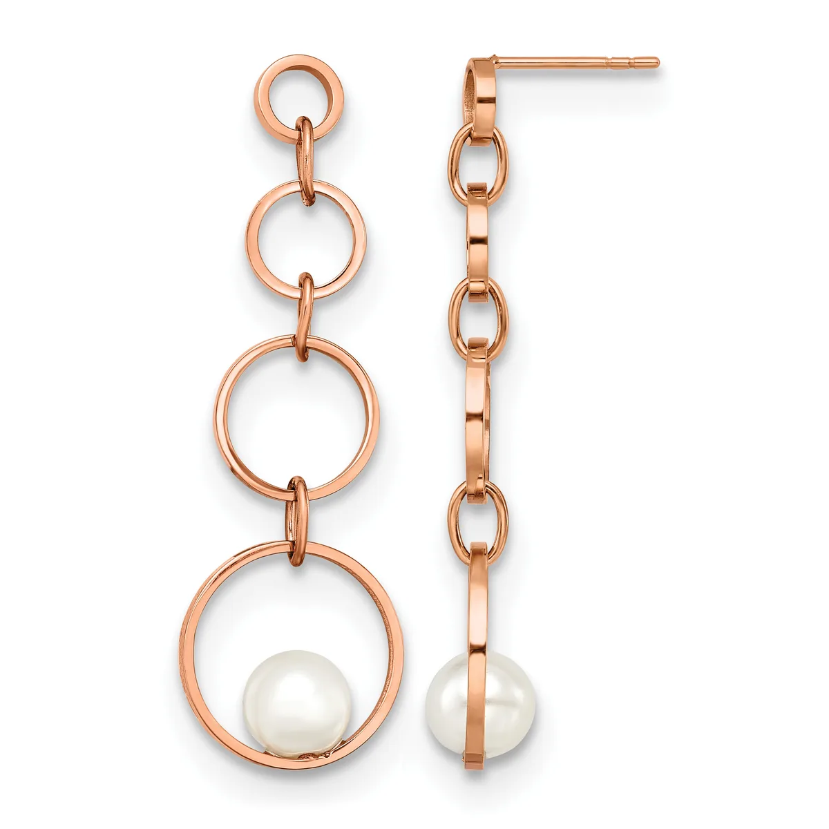 Pair of rose gold drop earrings with chain links of decreasing size, each featuring a white pearl suspended in the largest circular link at the bottom.