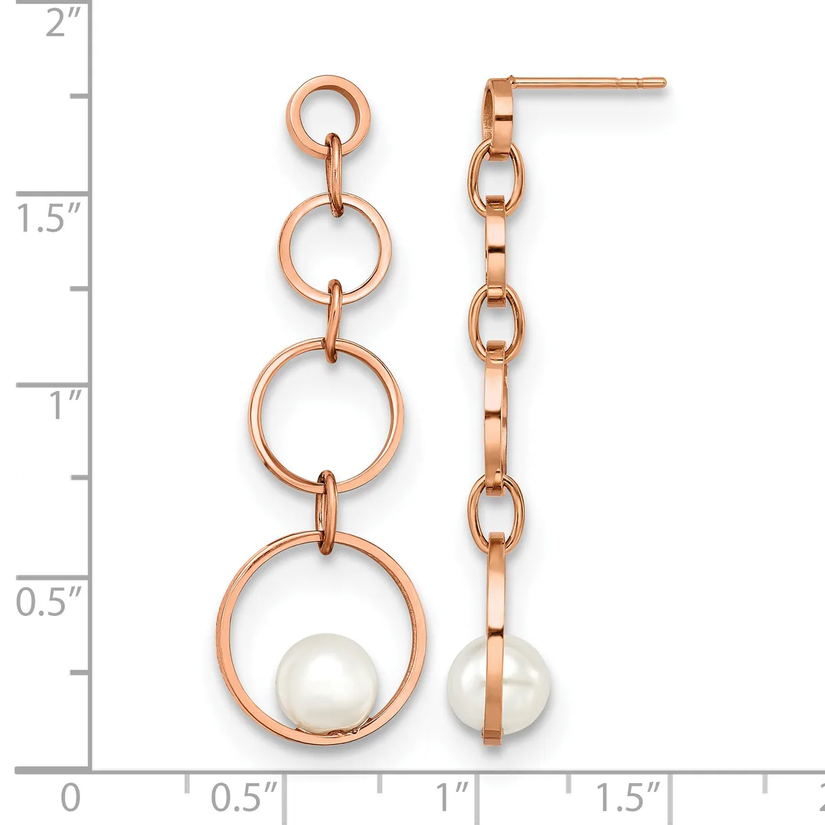 Pair of rose gold dangle earrings with three stacked circular links and a white pearl at the bottom, displayed next to a ruler showing approximately 1.75 inches in length.