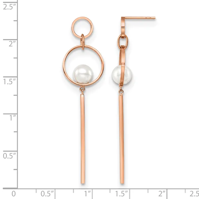 A pair of rose gold dangle earrings with circular loop designs at the top, pearl drops in the middle, and elongated rectangular bars hanging below, displayed against a measurement scale.