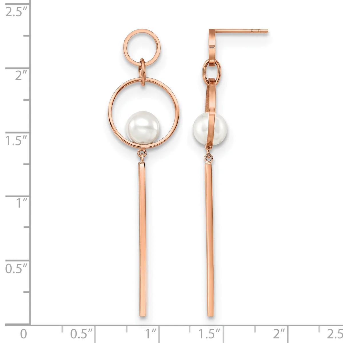 A pair of rose gold dangle earrings with circular loop designs at the top, pearl drops in the middle, and elongated rectangular bars hanging below, displayed against a measurement scale.