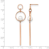 A pair of rose gold dangle earrings with circular loop designs at the top, pearl drops in the middle, and elongated rectangular bars hanging below, displayed against a measurement scale.