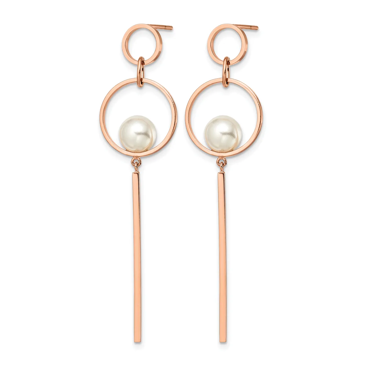 A pair of rose gold-toned drop earrings with small circular studs at top, larger circular rings in the middle holding white pearl beads, and long rectangular bars hanging below.