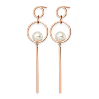 A pair of rose gold-toned drop earrings with small circular studs at top, larger circular rings in the middle holding white pearl beads, and long rectangular bars hanging below.