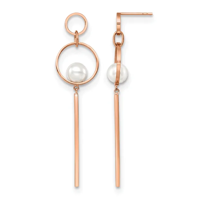 Rose gold dangle earrings with small circular studs at top, larger circular frames holding white pearls, and long rectangular bar drops below.