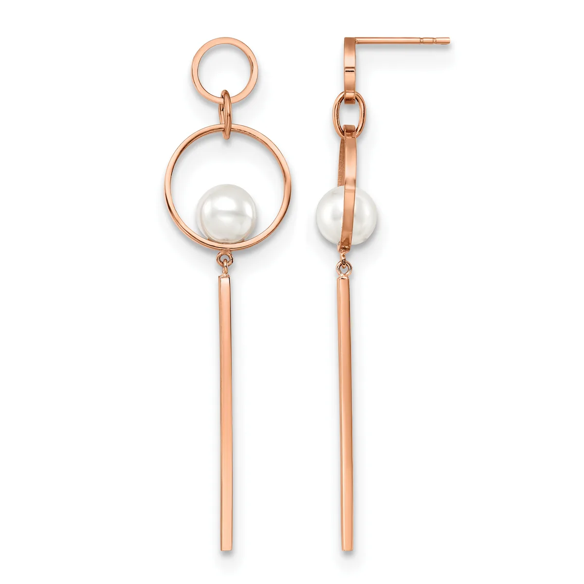 Rose gold dangle earrings with small circular studs at top, larger circular frames holding white pearls, and long rectangular bar drops below.