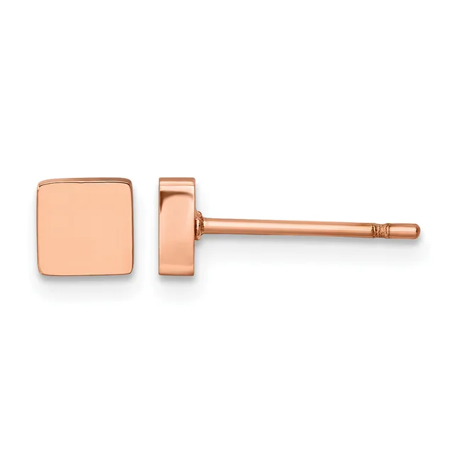A pair of rose gold square stud earrings shown from front and side view, displaying the flat square face and cylindrical post with small hallmark.