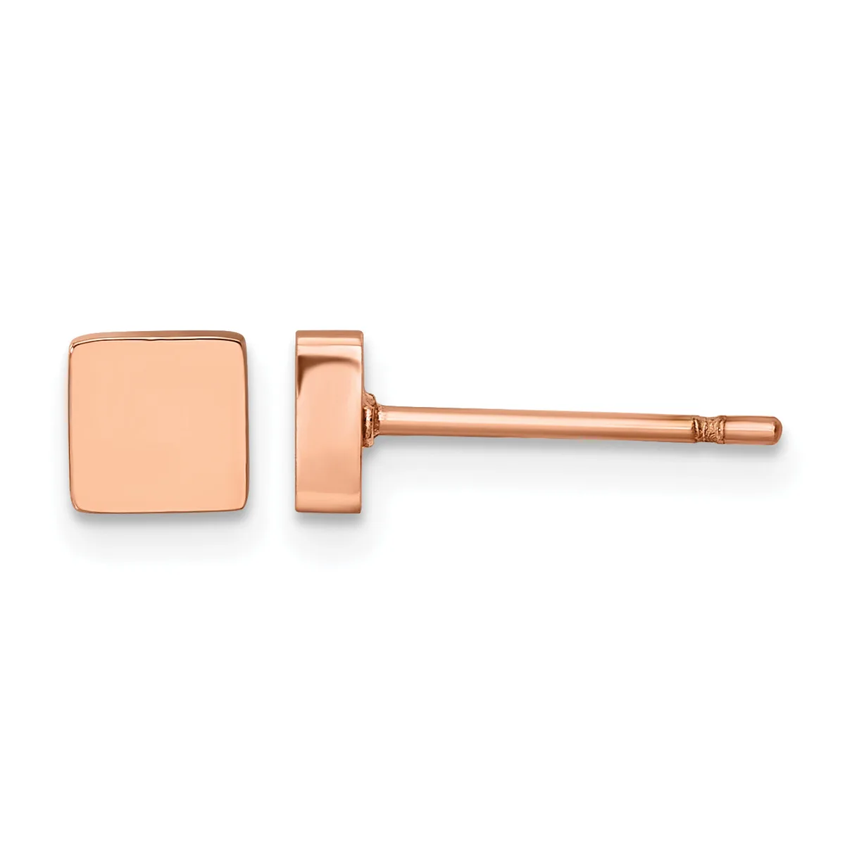 A pair of rose gold square stud earrings shown from front and side view, displaying the flat square face and cylindrical post with small hallmark.