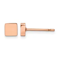A pair of rose gold square stud earrings shown from front and side view, displaying the flat square face and cylindrical post with small hallmark.