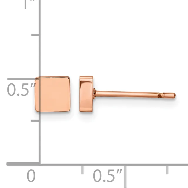 Rose gold square stud earrings shown front and side view against a measurement scale indicating 0.5 inch dimensions.
