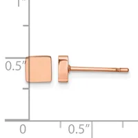 Rose gold square stud earrings shown front and side view against a measurement scale indicating 0.5 inch dimensions.