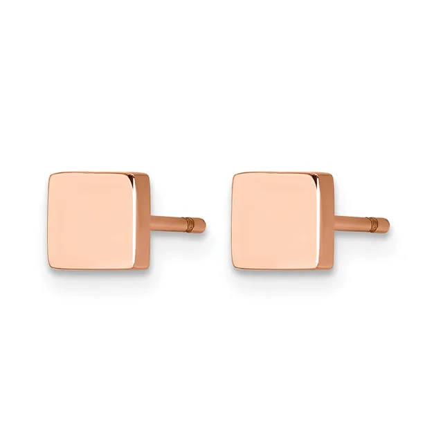 A pair of rose gold square stud earrings with rounded corners and small posts, displayed against a white background.