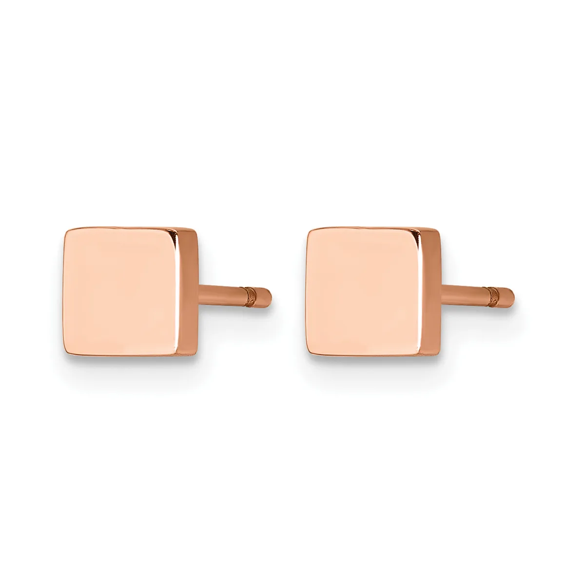 A pair of rose gold square stud earrings with rounded corners and small posts, displayed against a white background.