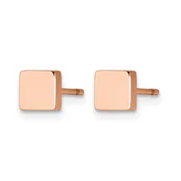 A pair of rose gold square stud earrings with rounded corners and small posts, displayed against a white background.