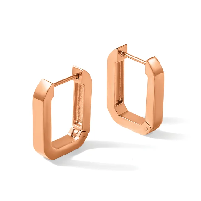A pair of rose gold rectangular hoop earrings with rounded corners and hinged closures, shown from two angles.